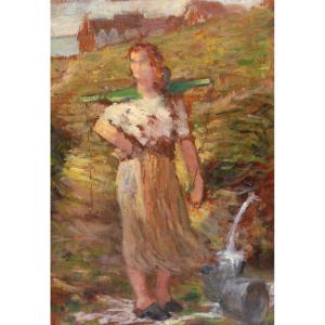 Paul Sieffert, Woman With Yoke In A Breton Landscape By The Sea / Breton House