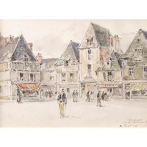 Ernest Germain Vauthrin, Busy View Of Place Terre Au Duc In Quimper