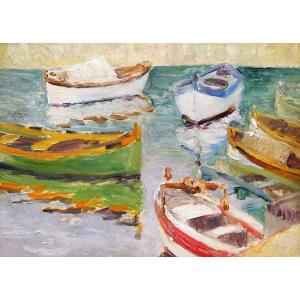 French School Circa 1910-1920, Boats Docked In A Mediterranean Port