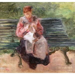 Gustave Poetzsch, Woman Sewing On A Public Bench