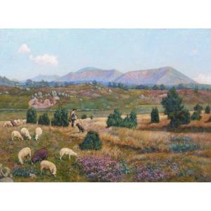 Théophile Tailhandier, Shepherd And His Flock Of Sheep In Front Of The Puys, Auvergne