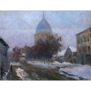 French School Circa 1920, Snowy Street In Paris