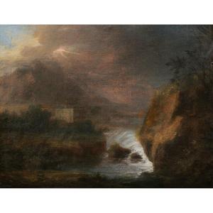 French School From The Beginning Of The 19th Century, Romantic Mountain Landscape With Waterfall