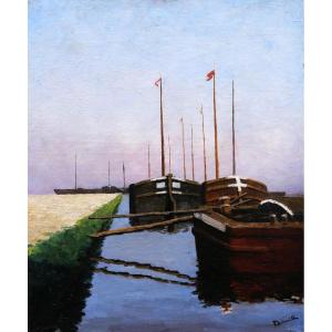 Maurice Louis Dainville, Landscape With Barges, Perhaps In The Bay Of Somme