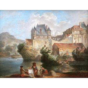18th Century French School, Live Landscape In Front Of A Fortified Town Next To A River