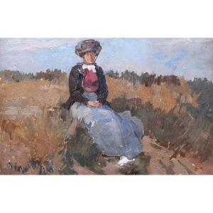 Albert Pinot, Woman Sitting In The Belgian Countryside