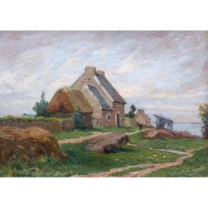 Jean-baptiste Antoine Guillemet, Landscape With Thatched Cottage And Peasant Woman By The Sea