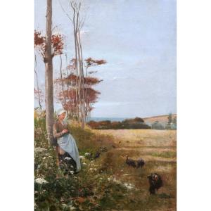Paul Léon Gagneau, Young Breton Woman Looking After Turkeys By The Sea