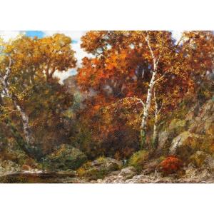 Eduard Paul Rüdisühli, Autumn Landscape: River, Rock And Undergrowth