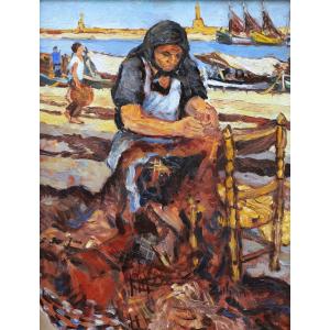 French School Circa 1940-1950, Woman Mending A Net On The Quayside Of A Port In Portugal