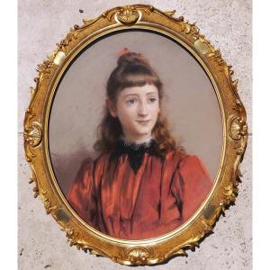 Jules Girardet, Portrait Of A Young Girl With Green Eyes, In A Red Dress