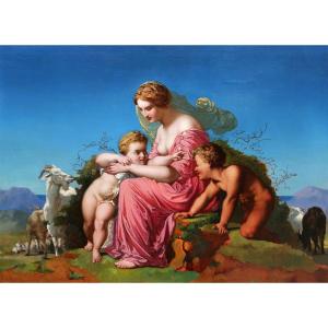 French School Circa 1860, Circle Of Henri Lehmann, Mother, Children And Goats (large Format)