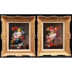 Thérèse Saint-jacque, Pair Of Still Lifes With Flower Vases