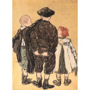 French School Circa 1900, Three Children From Behind (advertising Project For A Chocolate)