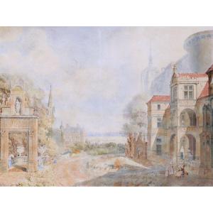 Attributed To Jean Lubin Vauzelle, Figures In A Romantic Setting Of Renaissance Monuments