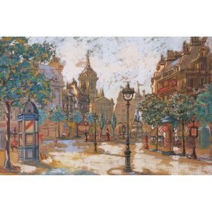 French School Circa 1920, View Of A Square In Paris