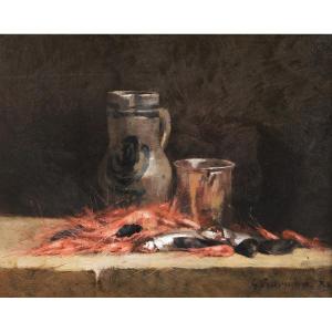 Léon-gustave Ravanne, Still Life With Shrimps, Sardines, Mussels And Cider