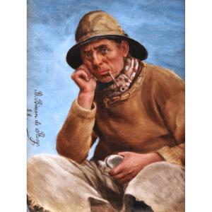 Blanche Bisson De Récy, Sailor Smoking His Pipe, Miniature On Porcelain