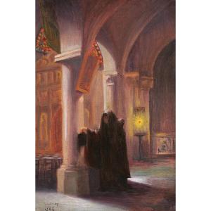 French School, Early 20th Century, Monk In A Church