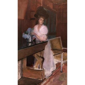 French School Circa 1900, Elegant Woman Arranging A Bouquet Of Hydrangeas In An Interior