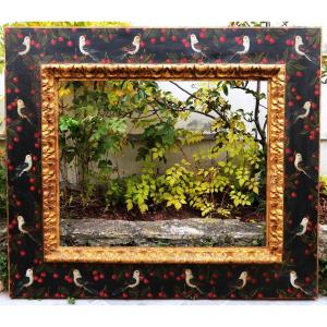 Miguel Canals, Large Carved, Gilded And Painted Frame Decorated With Birds And Cherries