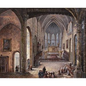 French School Early 19th C., Lively View Of The Interior Of The Church Of Marvejols (lozère)