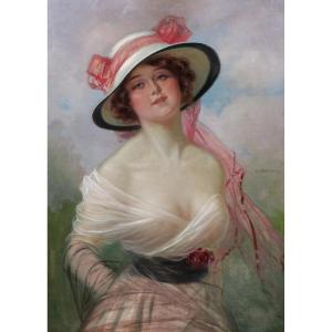 Wilhelm Hans Braun, Woman With A Low-cut Dress And Hat