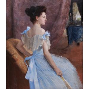 Dagmar Eleonora Furuhjelm, Young Woman In A Blue Dress Holding A Fan (large Format)