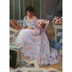 Baron Paul De Turgy, The Artist's Wife In The Salon, Leafing Through Prints (large Format)