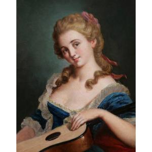 French School, Late 18th – Early 19th Century, Young Woman Holding A Guitar
