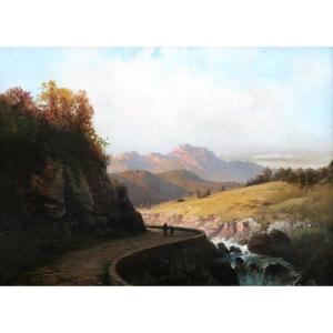 Alfred Godchaux, Landscape Of The Pyrenees With Two Figures On A Path (large Format)