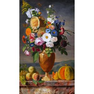 French School Circa 1840, Still Life With Vase Of Flowers, Fruit And Insects