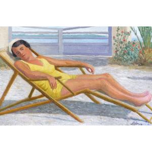 Pierre Delcour, Woman In A Swimsuit Lying In The Sun On A Deckchair, Provence