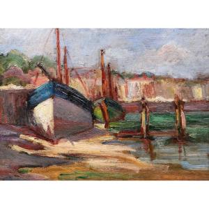 French School Circa 1900-1930, Two Boats At The Quayside, Low Tide