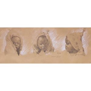 French School In 1928, Three Studies Of The Head Of An Arab Child