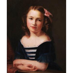 French School, 19th Century, Portrait Of A Little Girl With A Pink Ribbon