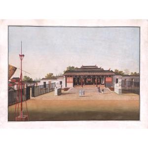 Guangzhou School, Early 19th Century, Figures In Front Of Official Buildings, China