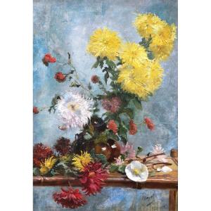 Léon Mayet, Vase Of Dahlias