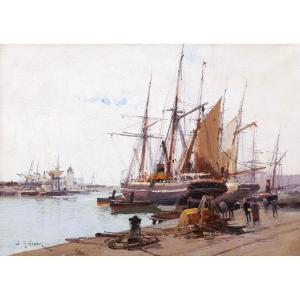 Eugène Galien Laloue, Lively View Of The Port Of Marseille From La Joliette, Marine Painting