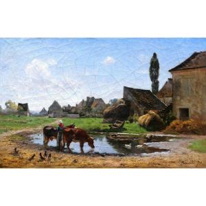 Louis Alexandre Bouché, Peasant Woman And Cows At Watering Hole