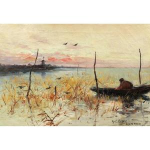 G. V. Hamery, Fisherman In A Boat Near Amsterdam In Holland (painting)