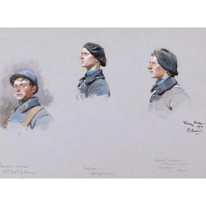 Georges Scott, Three Portraits Of Soldiers, Including One From The Vosges And One From Auxerre, Drawing