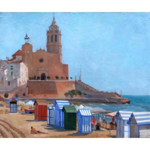 Attributed To Agapito Casas Abarca, Busy Beach In Sitges, Spanish Catalan Painting