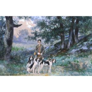 Tristan Lacroix, A Young Hunter On A Hunt With His Dogs, Hunting Watercolor