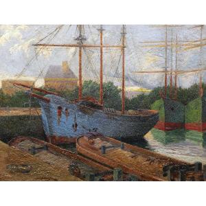 French, Belgian Or Dutch Pointillist School, Circa 1900-1920, Boats And Barges At Quay