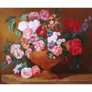 19th Century French School, Bouquet Of Flowers In A Vase, Still Life Painting
