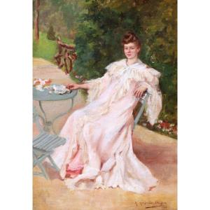 Mathilde Céline Maujan Van Donghen, Portrait Of Young Woman Seated In Garden, Painting