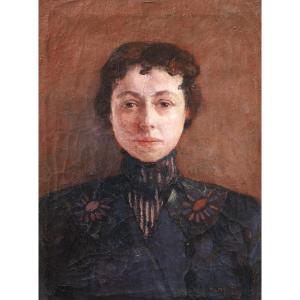 Tony Van Os , Portrait Of A Woman In A Floral Dress, Painting