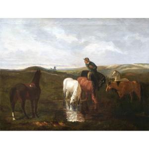 Atelier d'évariste-vital Luminais, l'Abreuvoir, Painting Of Horses