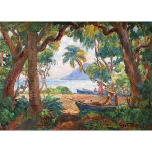 Géo François, Lively View Of The Plage Du Diamant In Martinique, West Indies Painting